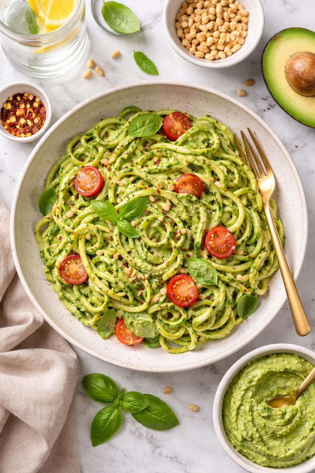An overheard picture view of a plate of  Vegan Zucchini Noodles with Avocado Pesto  sitting on a marble countertop table in the kitchen, professional food photography style.
