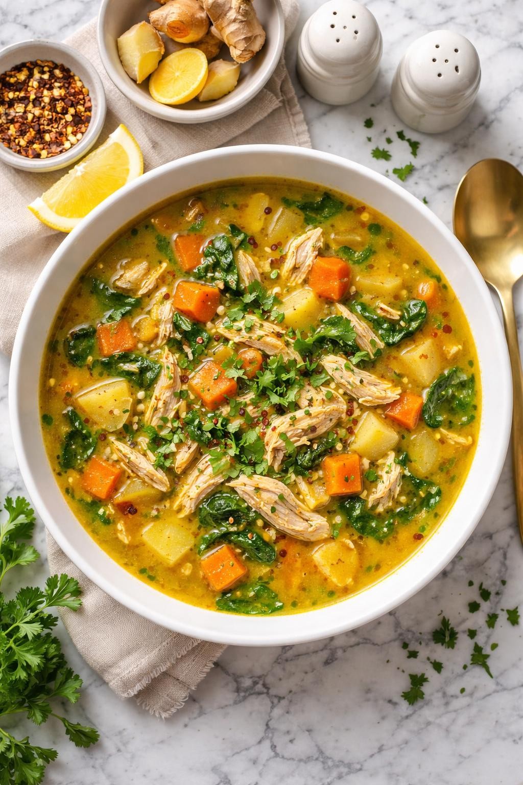 An overheard picture view of a plate of  Chicken and Vegetable Soup with Ginger and Turmeric  sitting on a marble countertop table in the kitchen, professional food photography style.

