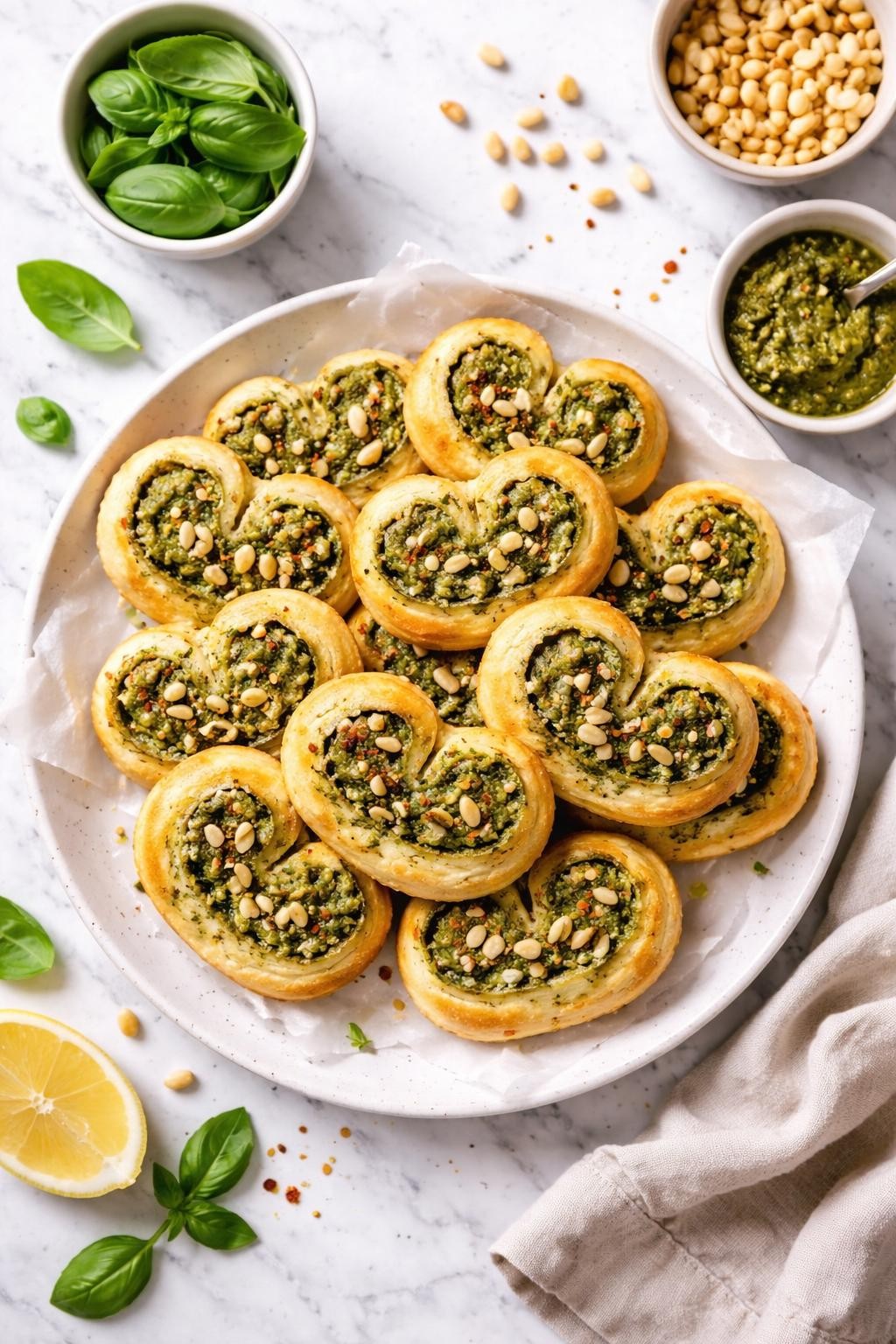 An overheard picture view of a plate of Vegan Pesto Palmiers sitting on a marble countertop table in the kitchen, professional food photography style.