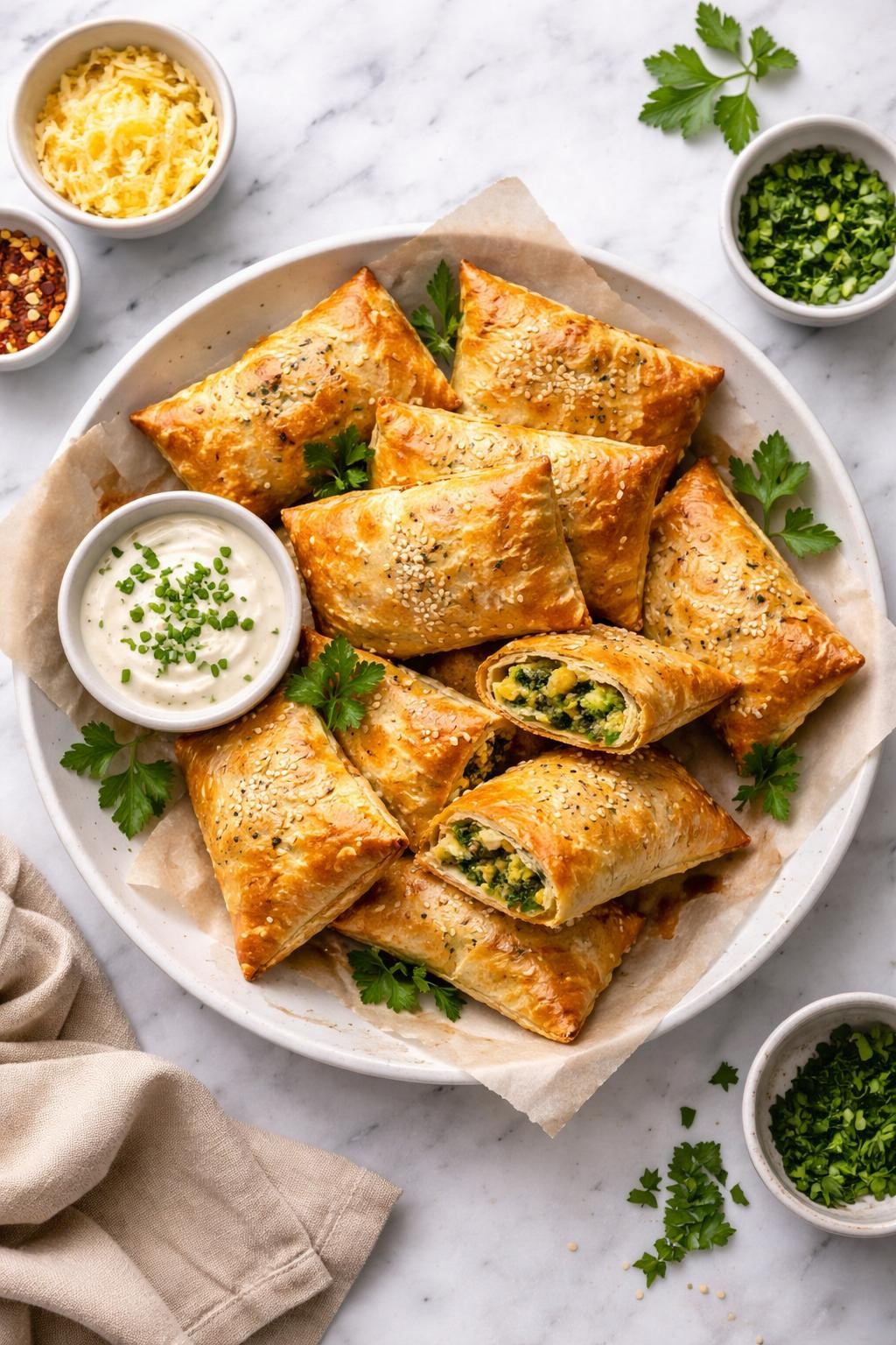 An overheard picture view of a plate of Vegan Broccoli and Cheese Puff Pastry Pockets sitting on a marble countertop table in the kitchen, professional food photography style.