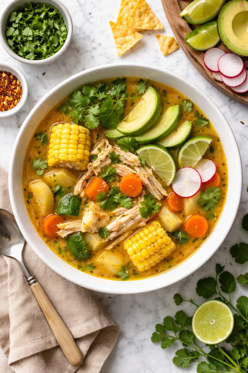 An overheard picture view of a plate of Mexican Chicken and Vegetable Soup (Caldo de Pollo)   sitting on a marble countertop table in the kitchen, professional food photography style.
