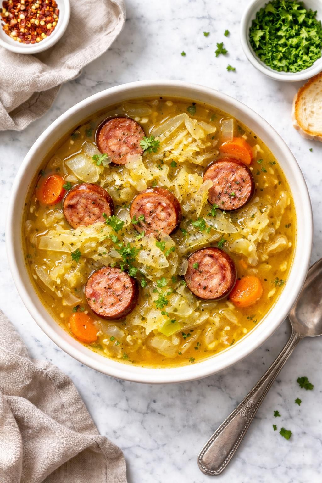 An overheard picture view of a plate of 4-Ingredient Cabbage and Sausage Soup sitting on a marble countertop table in the kitchen, professional food photography style.