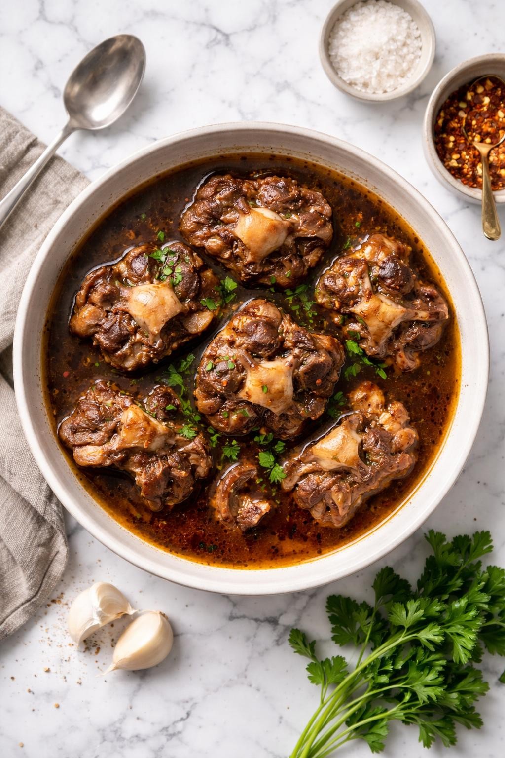 An overheard picture view of a plate of   Carnivore Oxtail Soup sitting on a marble countertop table in the kitchen, professional food photography style.
