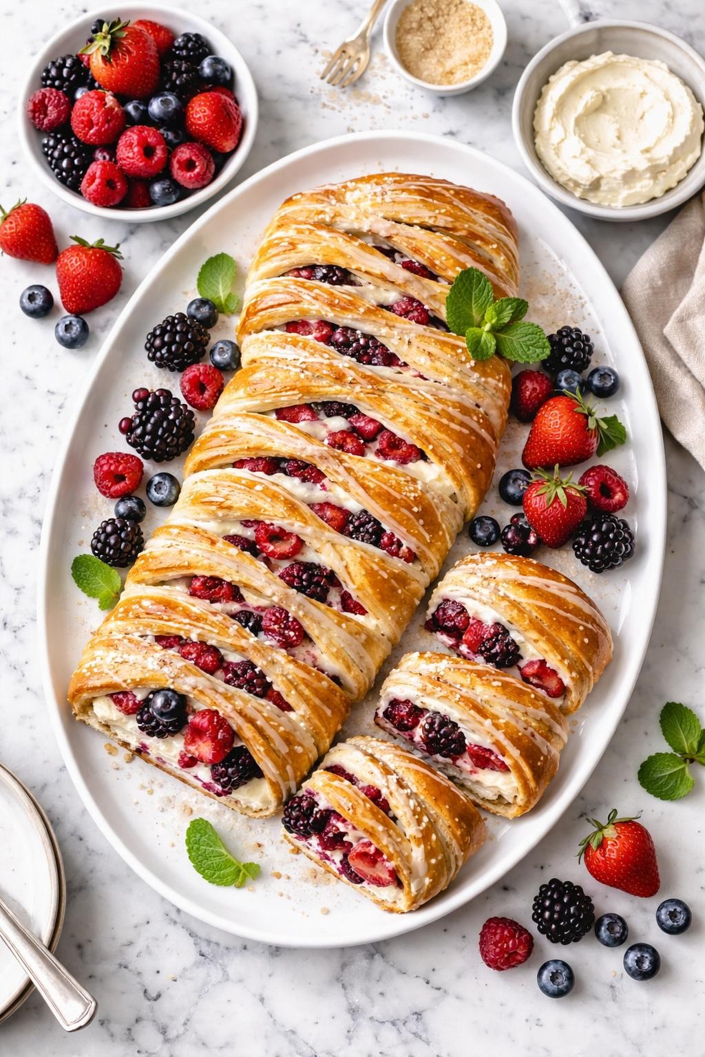 An overheard picture view of a plate of Vegan Berry and Cream Cheese Pastry Braid sitting on a marble countertop table in the kitchen, professional food photography style.