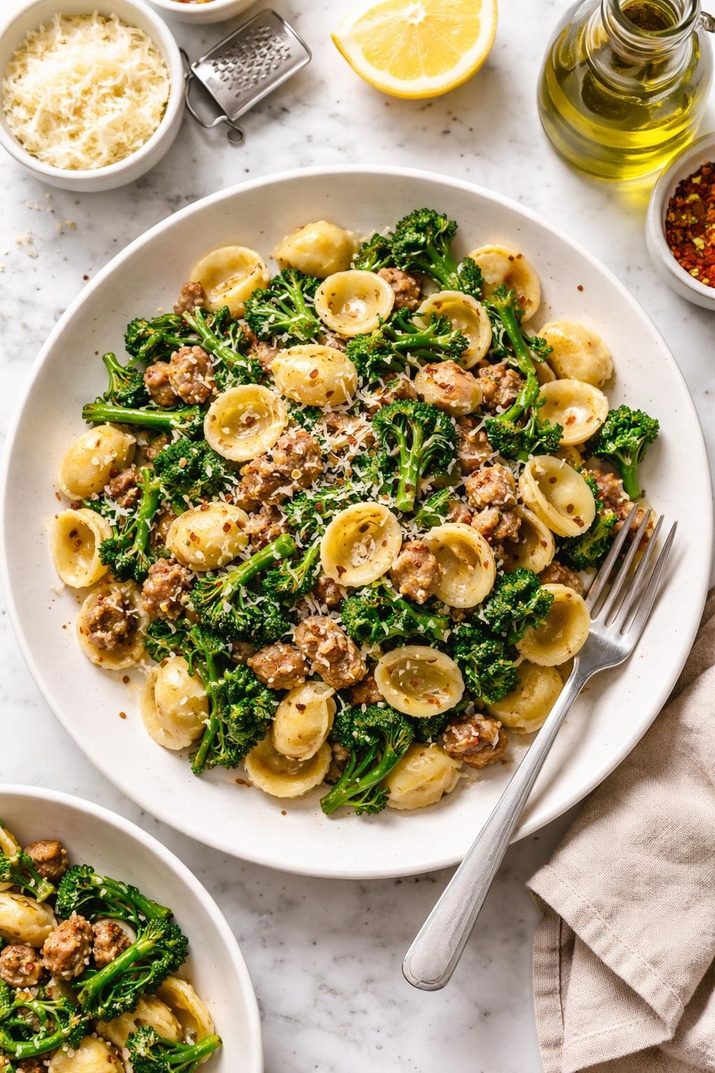 An overheard picture view of a plate of Sausage and Broccoli Rabe Pasta   sitting on a marble countertop table in the kitchen, professional food photography style.
