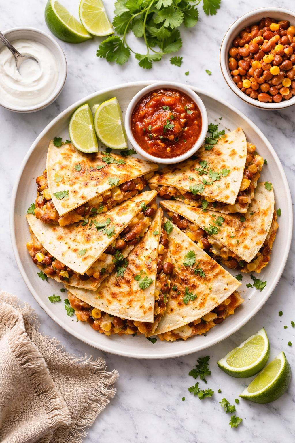 An overheard picture view of a plate of Pinto Bean Quesadillas sitting on a marble countertop table in the kitchen, professional food photography style.