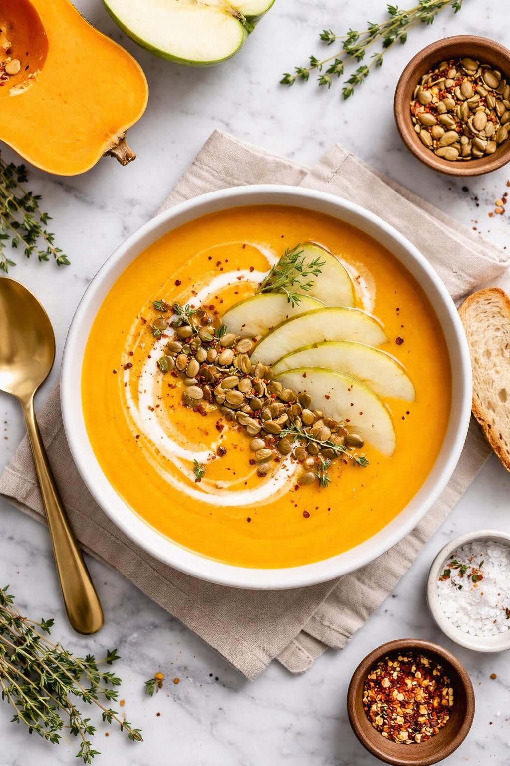 An overheard picture view of a plate of Butternut Squash and Apple Soup sitting on a marble countertop table in the kitchen, professional food photography style.