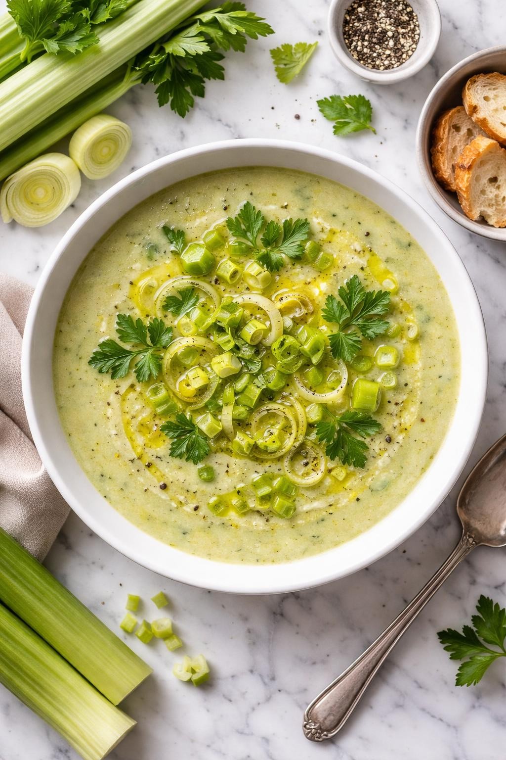 An overheard picture view of a plate of  Leek and Celery Soup  sitting on a marble countertop table in the kitchen, professional food photography style.
