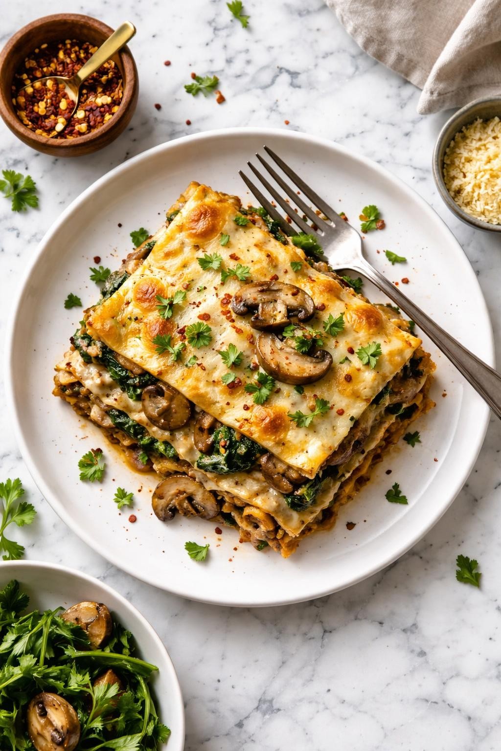 An overheard picture view of a plate of  Vegan Mushroom and Spinach Lasagna  sitting on a marble countertop table in the kitchen, professional food photography style.
