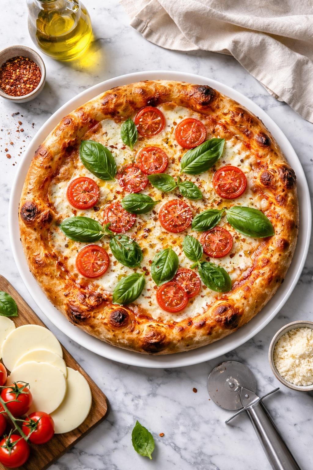 An overheard picture view of a plate of Classic With a Twist: Provolone Instead of Mozzarella sitting on a marble countertop table in the kitchen, professional food photography style.