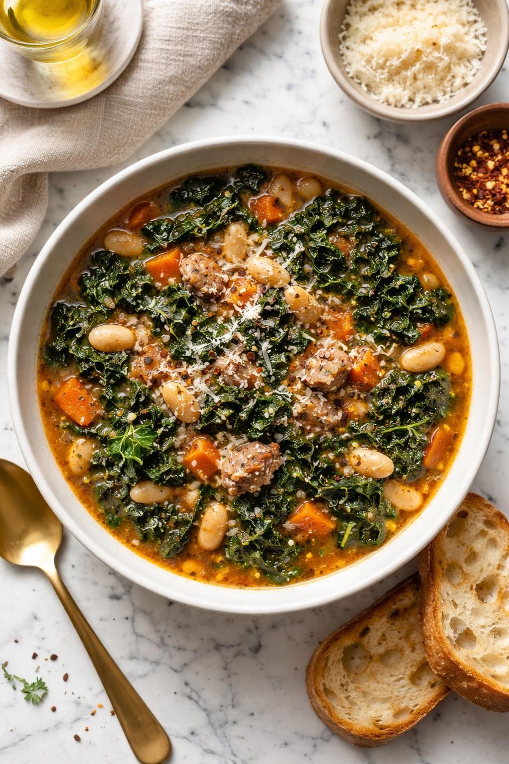 An overheard picture view of a plate of  Smoky Kale and White Bean Soup sitting on a marble countertop table in the kitchen, professional food photography style.
