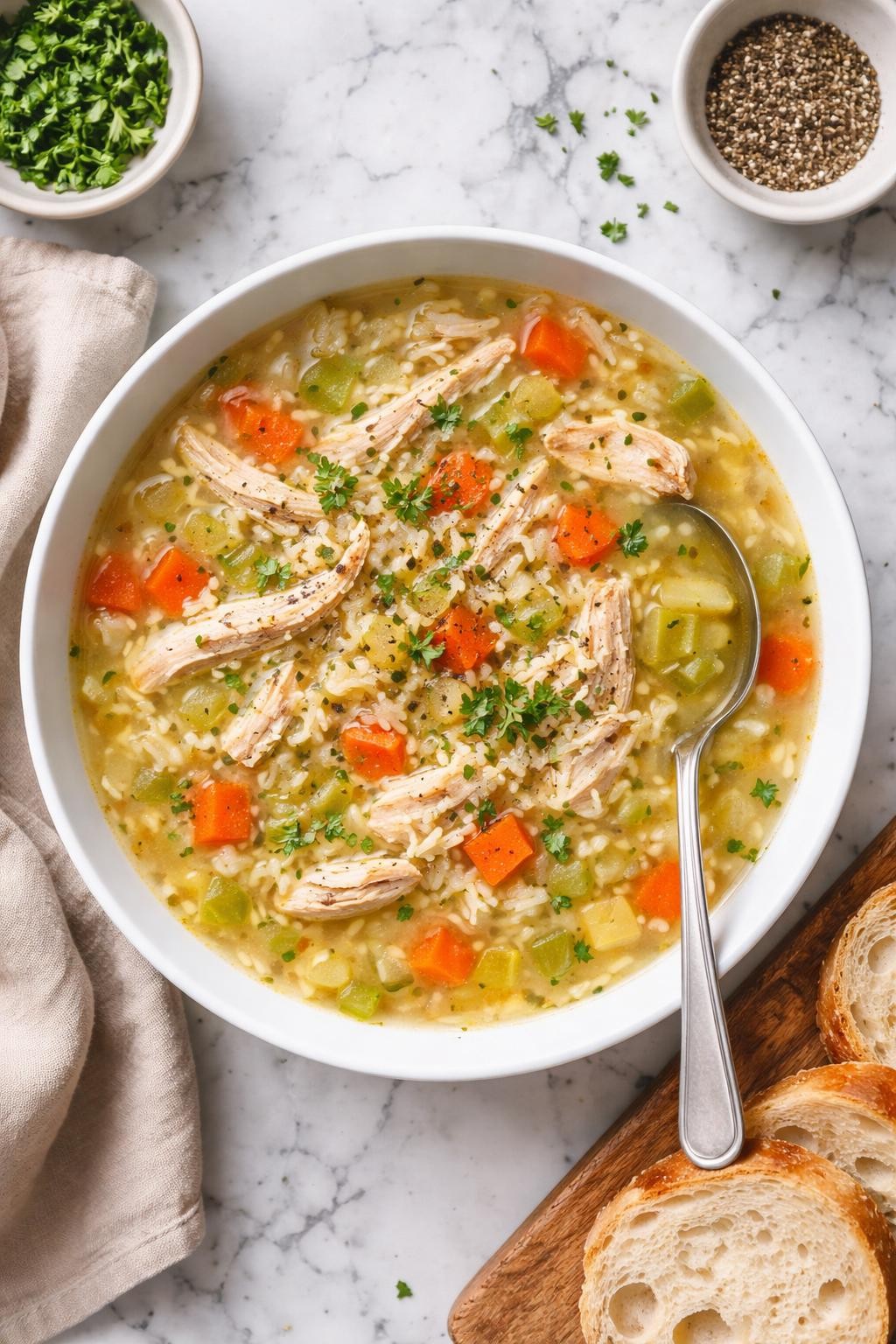An overheard picture view of a plate of 4-Ingredient Chicken and Rice Soup sitting on a marble countertop table in the kitchen, professional food photography style.