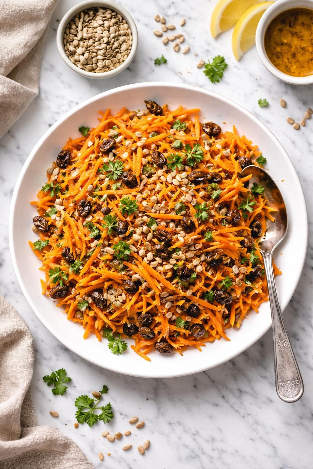 An overheard picture view of a plate of  Sunflower Seed Carrot Raisin Salad  sitting on a marble countertop table in the kitchen, professional food photography style.
