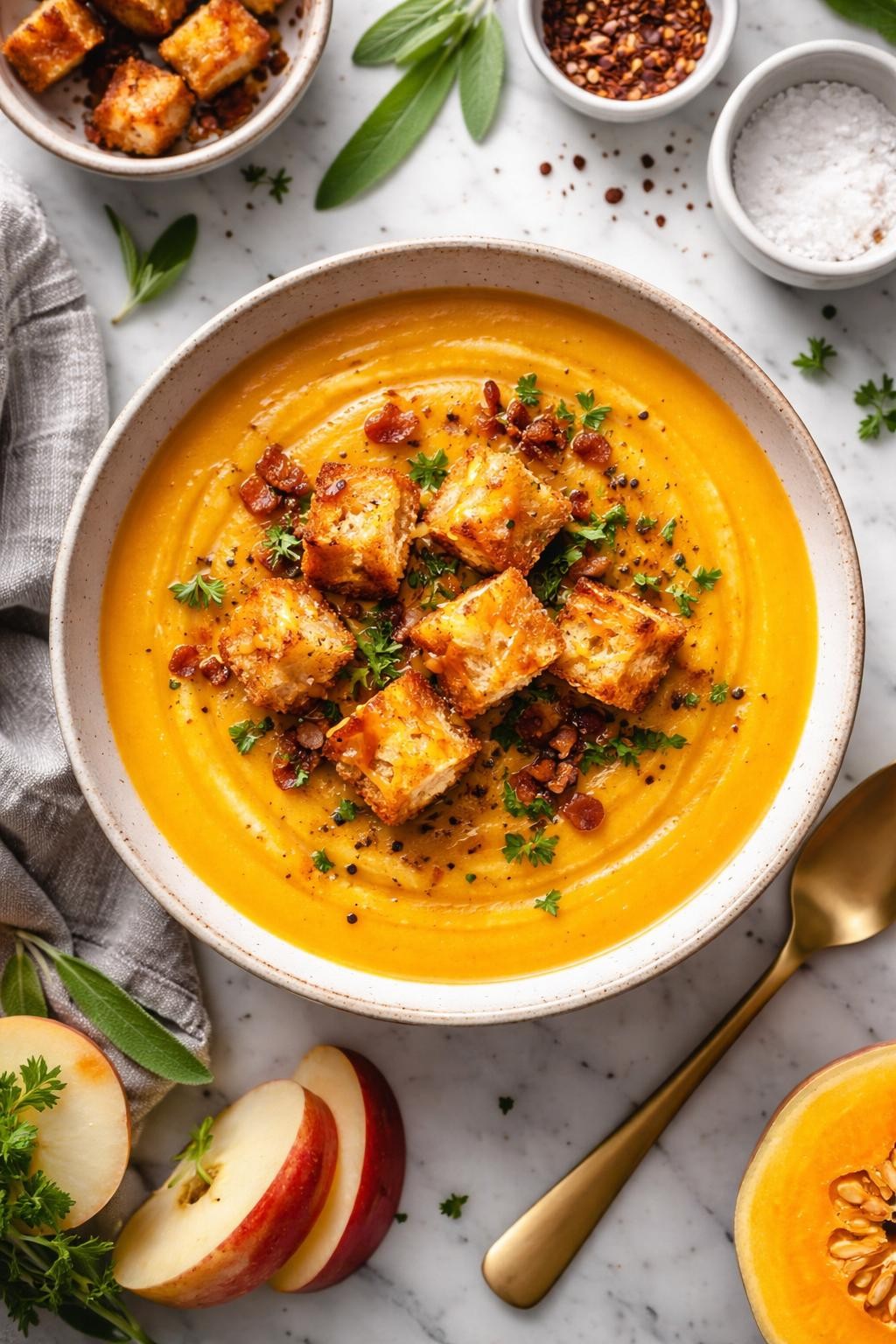 An overheard picture view of a plate of Butternut Squash and Apple Soup with Cheddar Croutons sitting on a marble countertop table in the kitchen, professional food photography style.