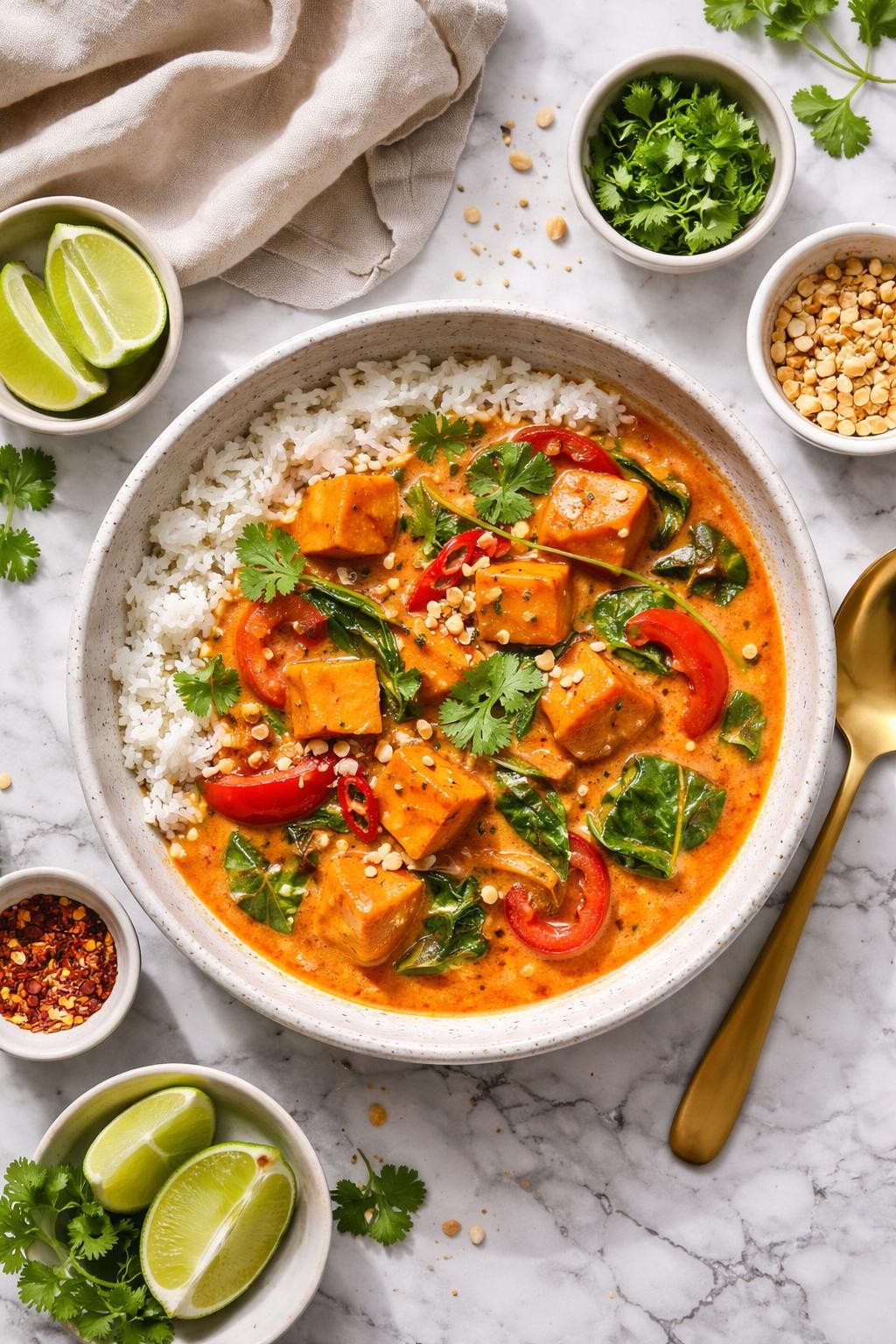 An overheard picture view of a plate of Thai Red Curry with Butternut Squash sitting on a marble countertop table in the kitchen, professional food photography style.