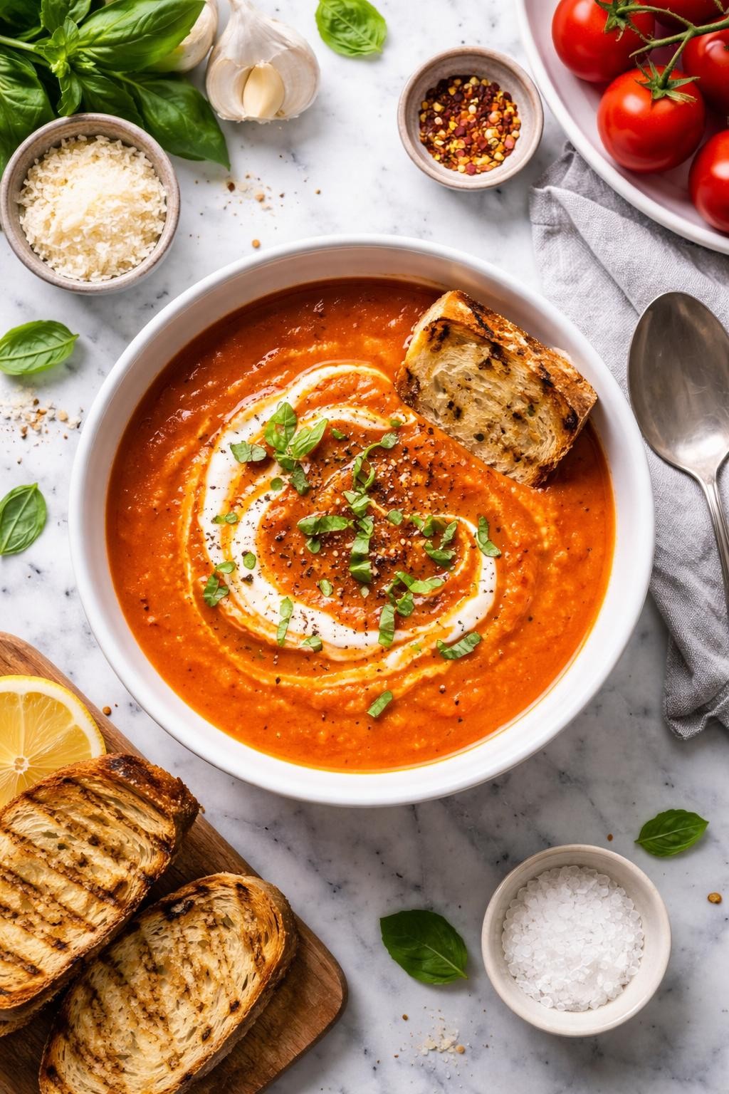 An overheard picture view of a plate of  Dutch Oven Roasted Tomato Soup  sitting on a marble countertop table in the kitchen, professional food photography style.
