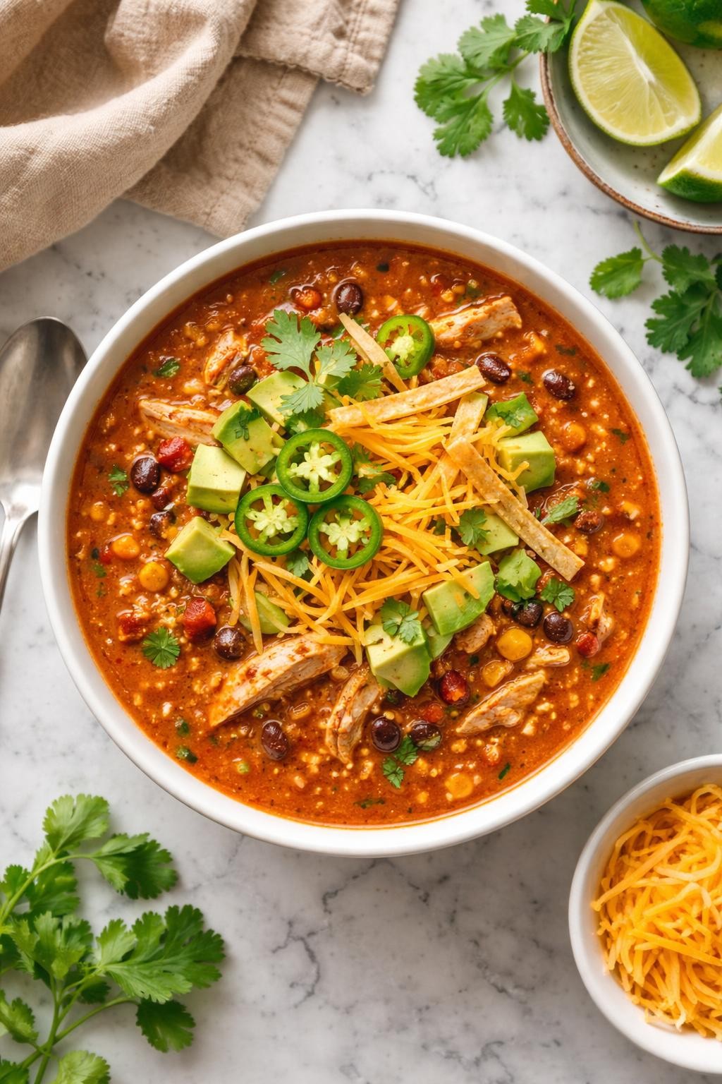 An overheard picture view of a plate of Slow Cooker Chicken Enchilada Soup sitting on a marble countertop table in the kitchen, professional food photography style.