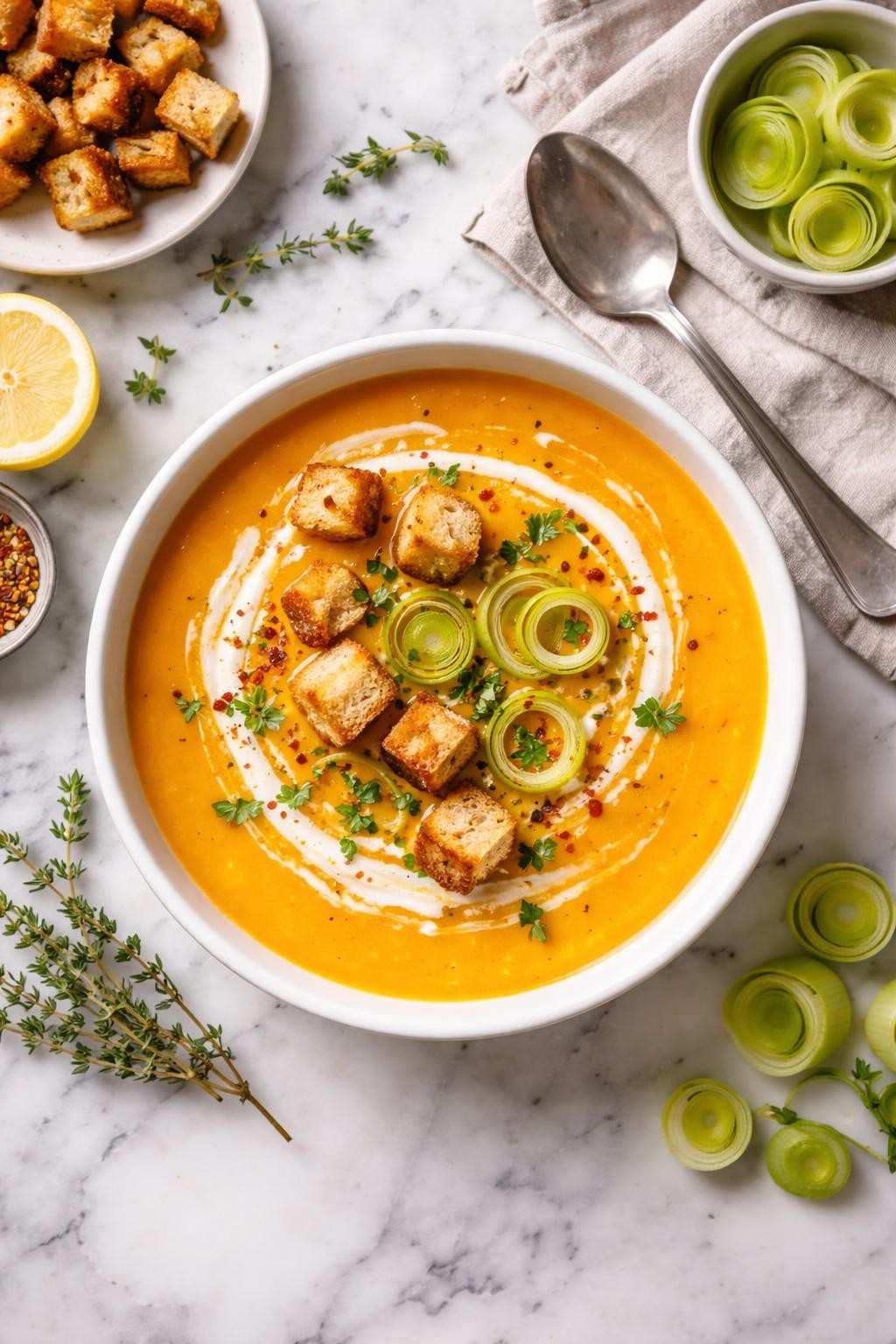 An overheard picture view of a plate of   Leek and Butternut Squash Soup sitting on a marble countertop table in the kitchen, professional food photography style.
