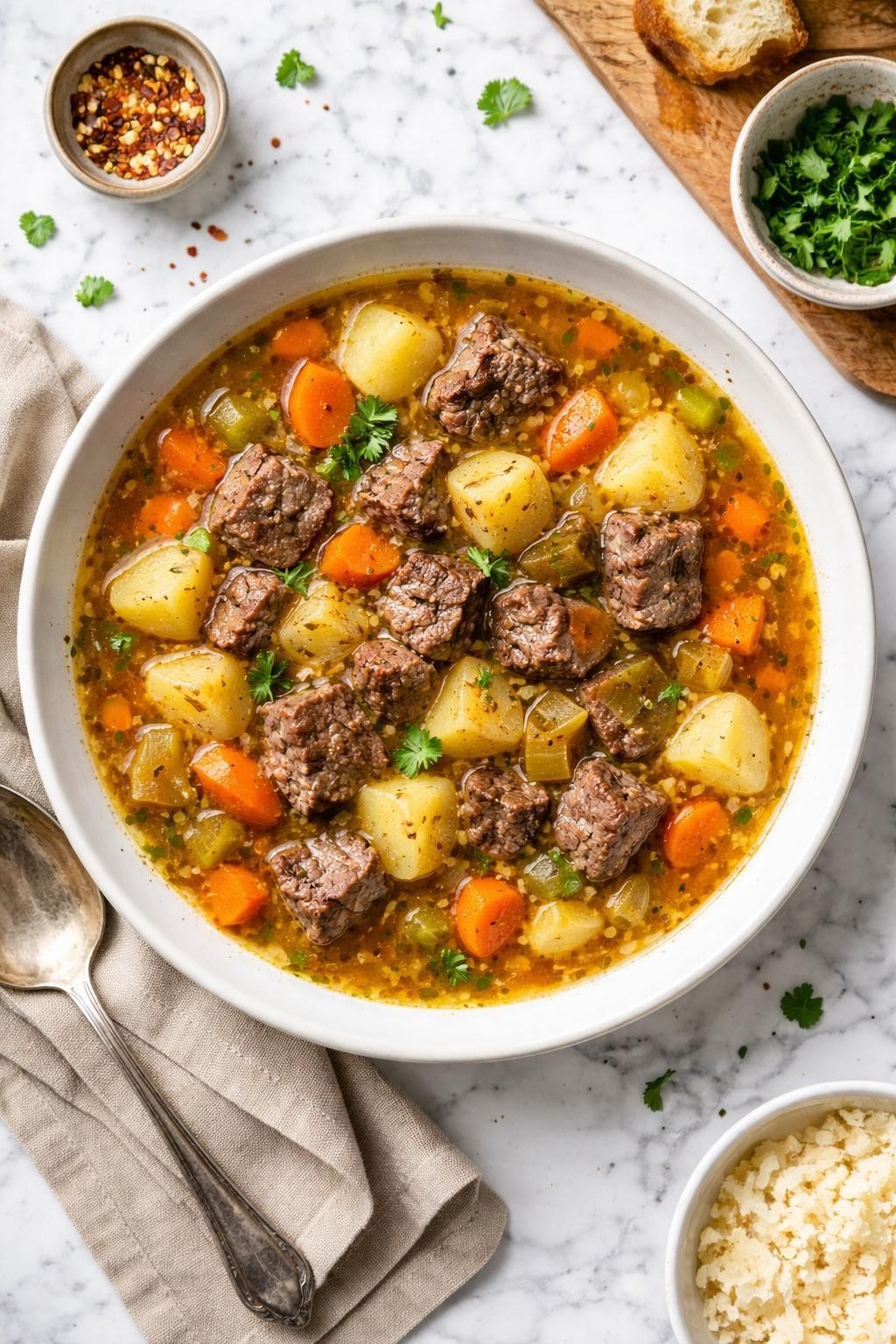 An overheard picture view of a plate of Beef and Potato Soup sitting on a marble countertop table in the kitchen, professional food photography style.