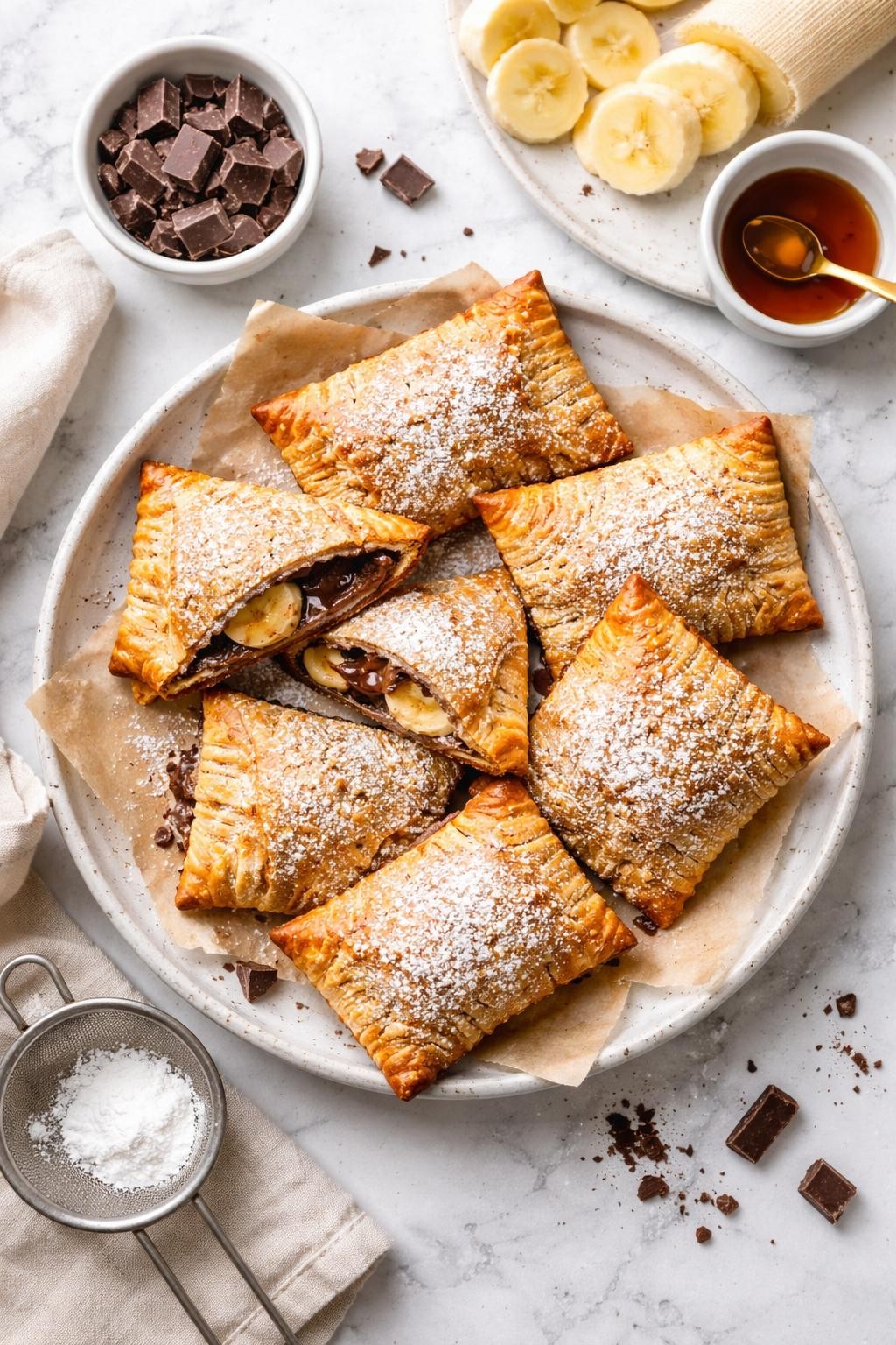 An overheard picture view of a plate of Vegan Chocolate Banana Pockets sitting on a marble countertop table in the kitchen, professional food photography style.