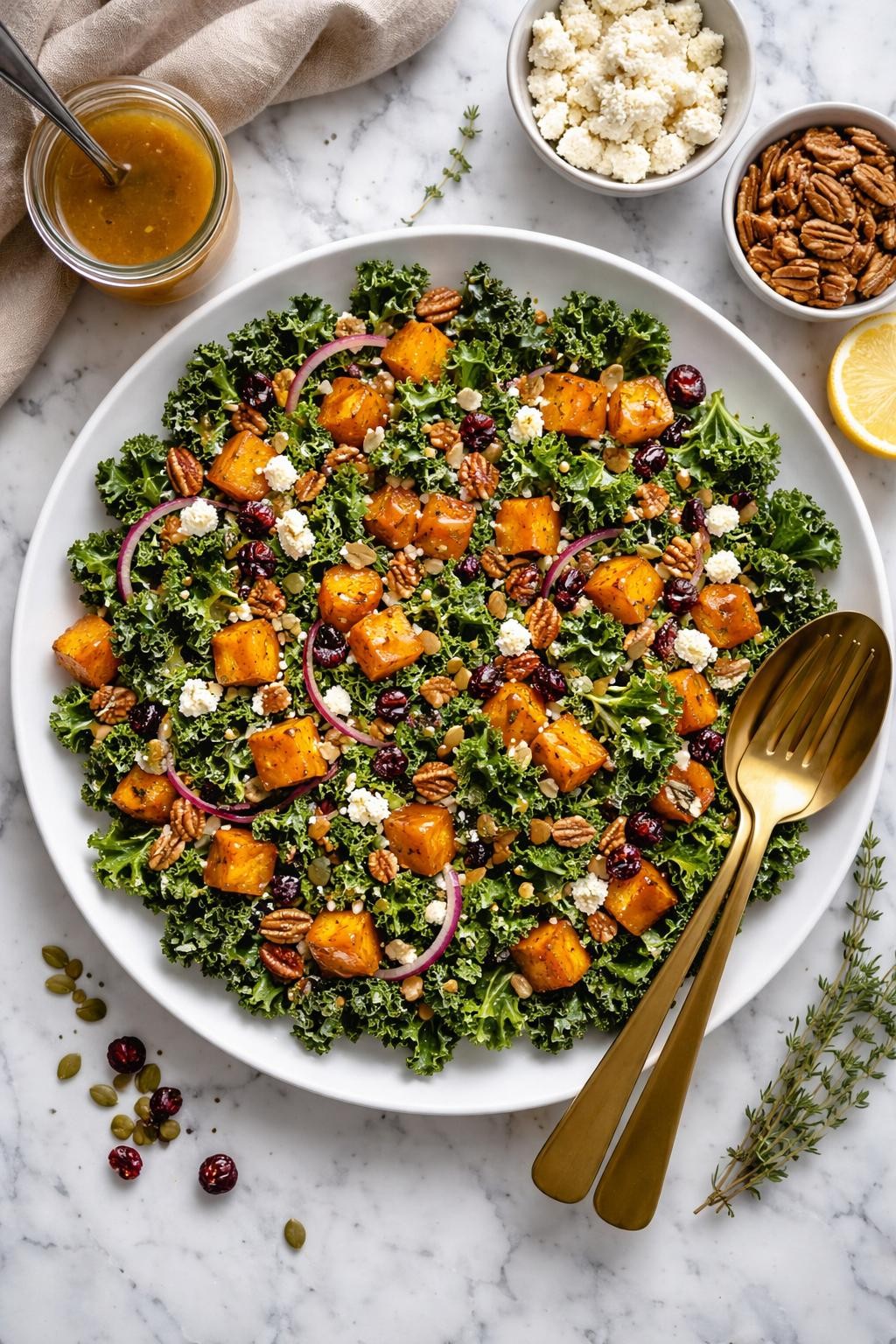 An overheard picture view of a plate of Butternut Squash and Kale Salad with Warm Cider Dressing sitting on a marble countertop table in the kitchen, professional food photography style.