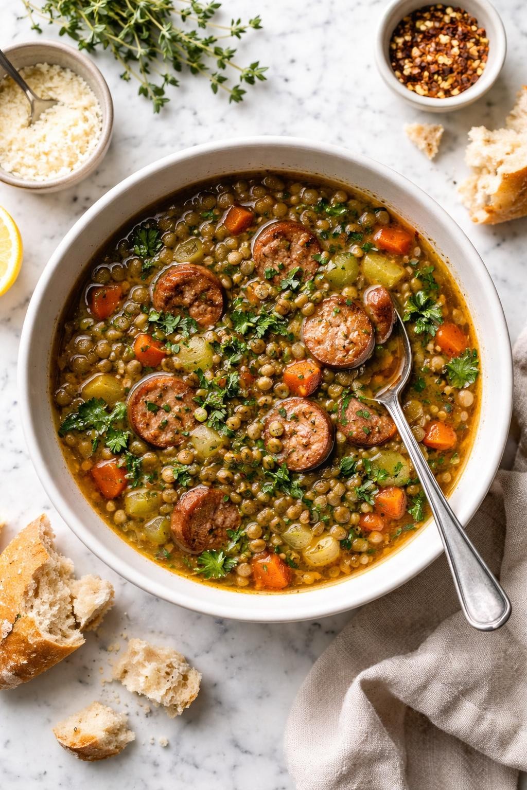 An overheard picture view of a plate of  Dutch Oven French Lentil Soup with Sausage  sitting on a marble countertop table in the kitchen, professional food photography style.
