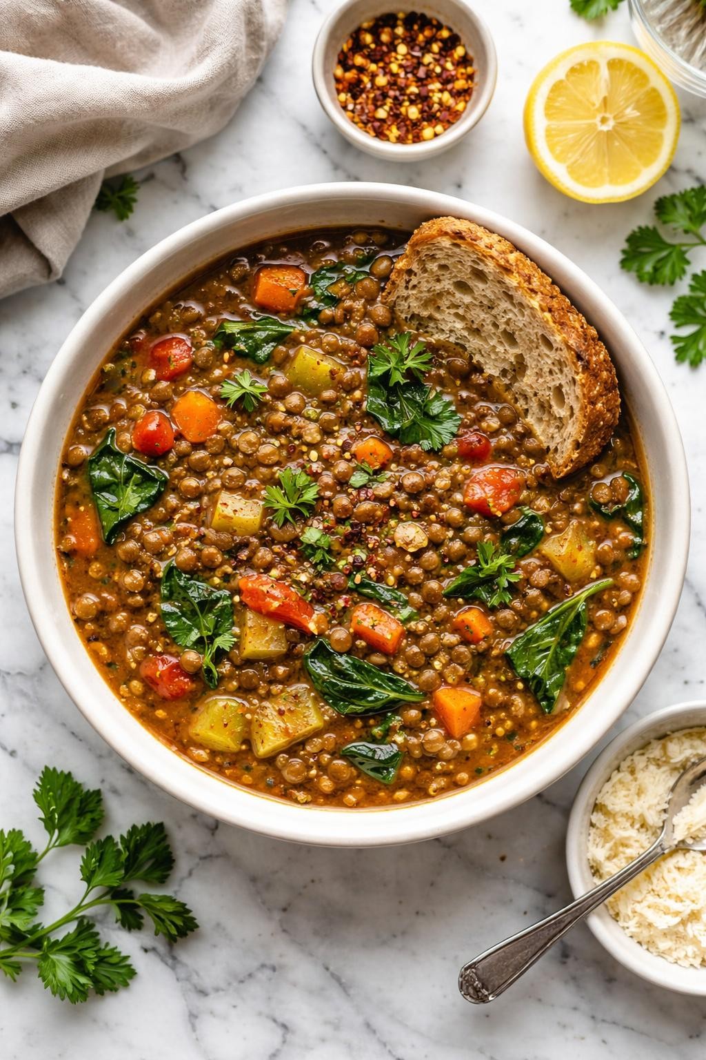 An overheard picture view of a plate of  Vegan Tuscan Lentil Soup  sitting on a marble countertop table in the kitchen, professional food photography style.
