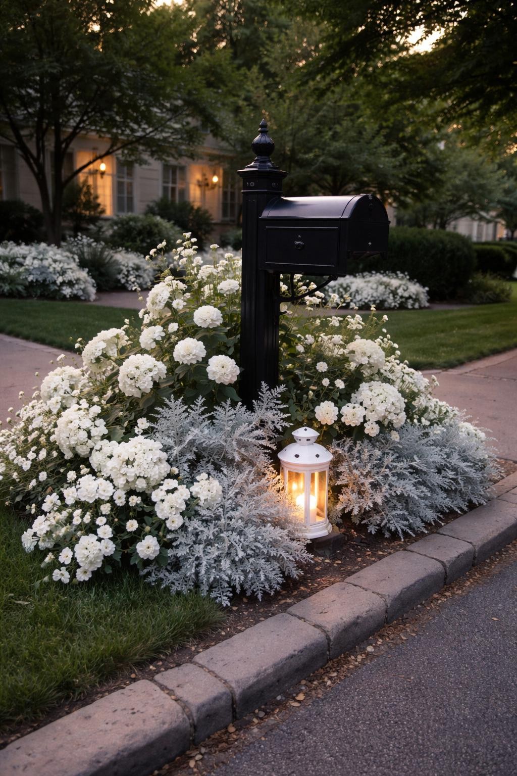 Photo of a mailbox surrounded by all-white flowers and silver foliage, wide view from street, setting in an elegant front yard, evening light, containing a small white lantern near the base, iPhone photo quality.