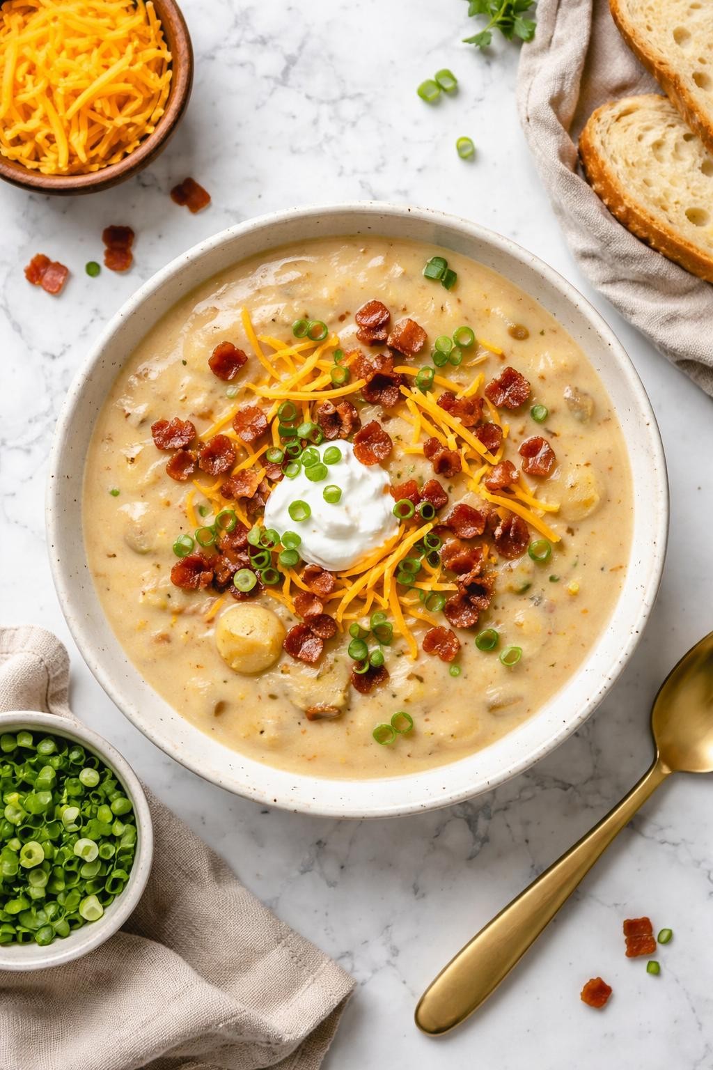 An overheard picture view of a plate of Slow Cooker Loaded Baked Potato Soup sitting on a marble countertop table in the kitchen, professional food photography style.