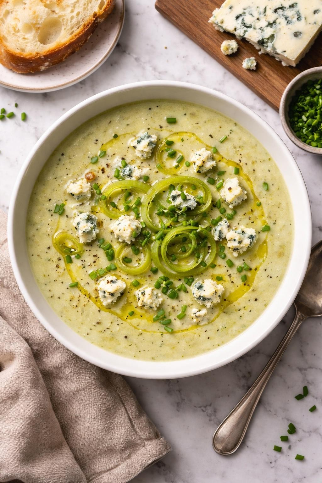 An overheard picture view of a plate of  Leek Soup with Blue Cheese  sitting on a marble countertop table in the kitchen, professional food photography style.
