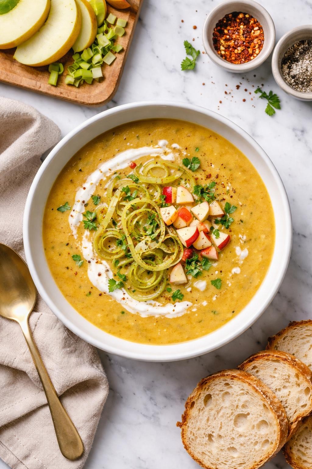 An overheard picture view of a plate of  Curried Leek and Apple Soup  sitting on a marble countertop table in the kitchen, professional food photography style.
