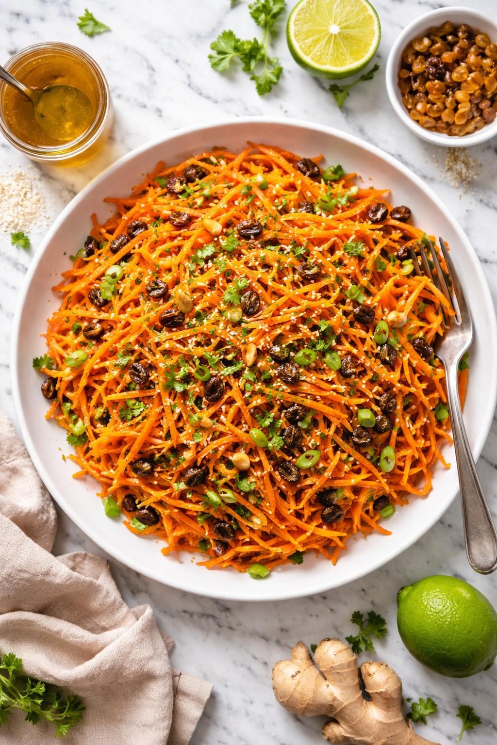 An overheard picture view of a plate of Ginger-Lime Carrot Raisin Salad   sitting on a marble countertop table in the kitchen, professional food photography style.
