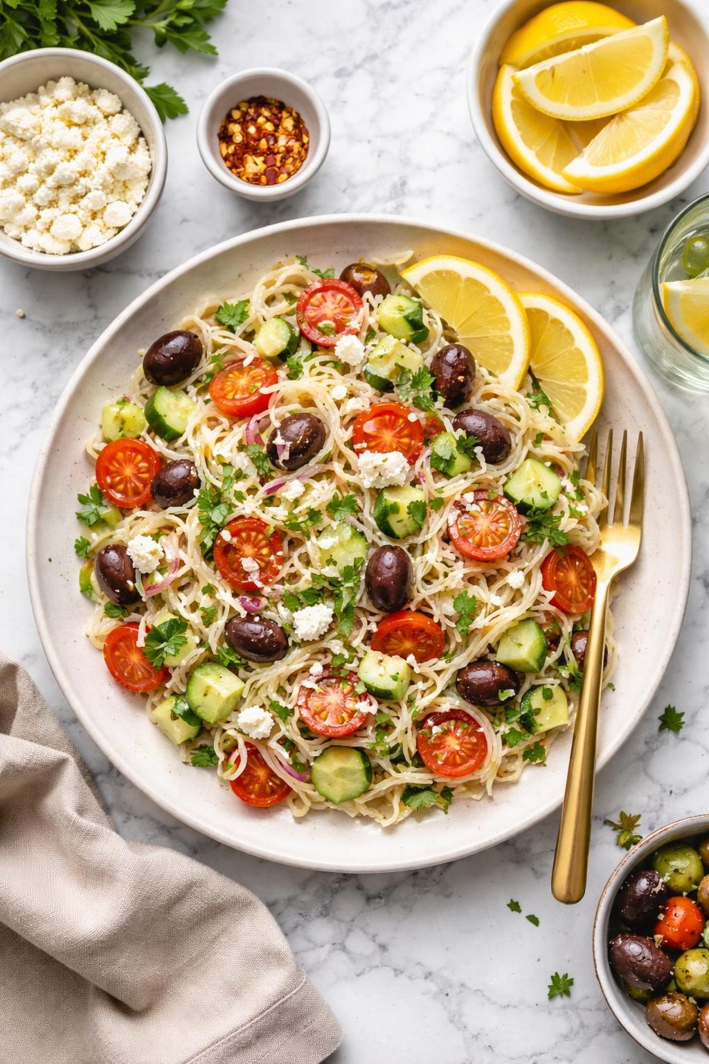 An overheard picture view of a plate of Mediterranean Rice Noodles sitting on a marble countertop table in the kitchen, professional food photography style.