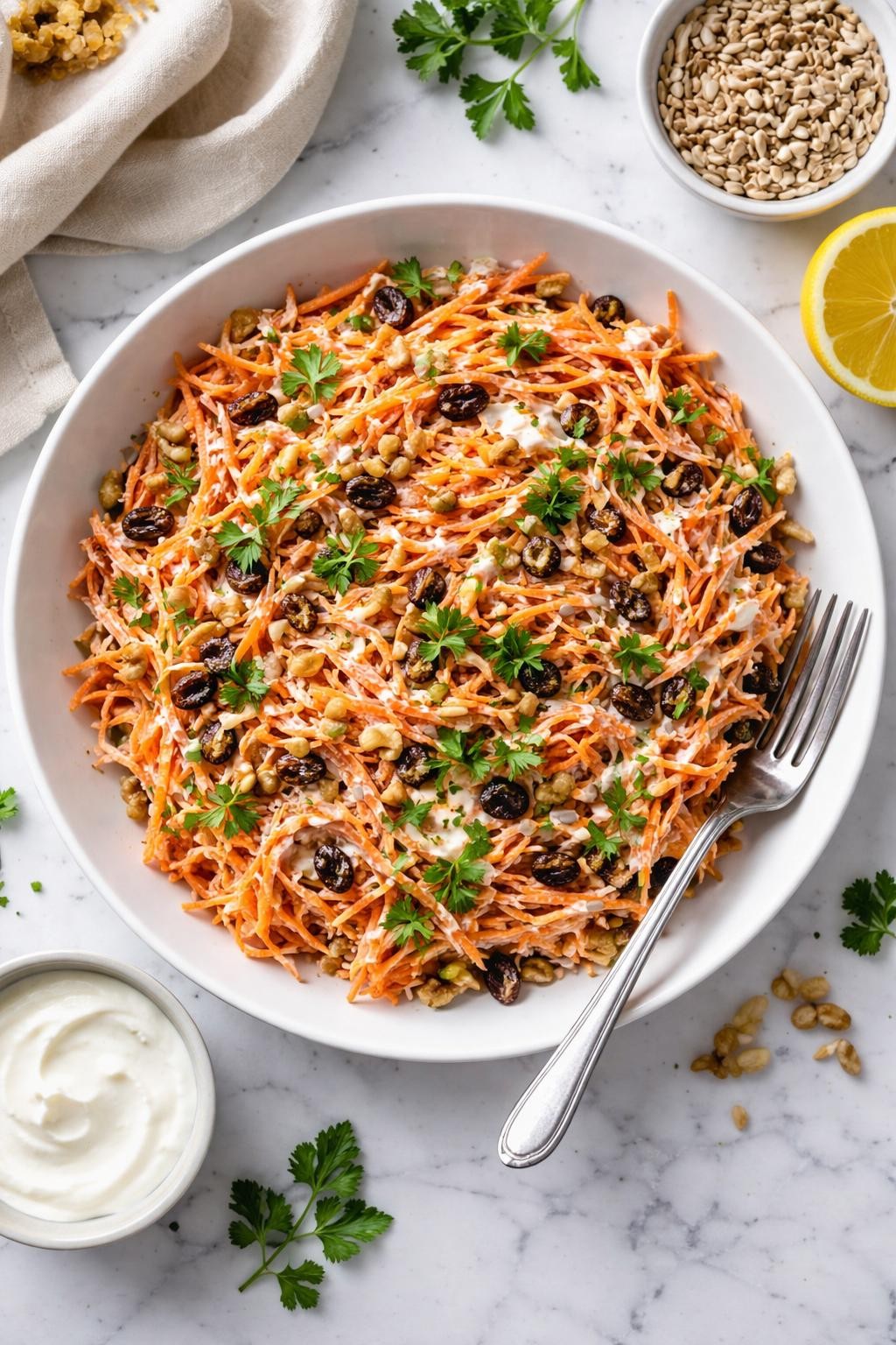 An overheard picture view of a plate of Healthy Yogurt Carrot Raisin Salad   sitting on a marble countertop table in the kitchen, professional food photography style.
