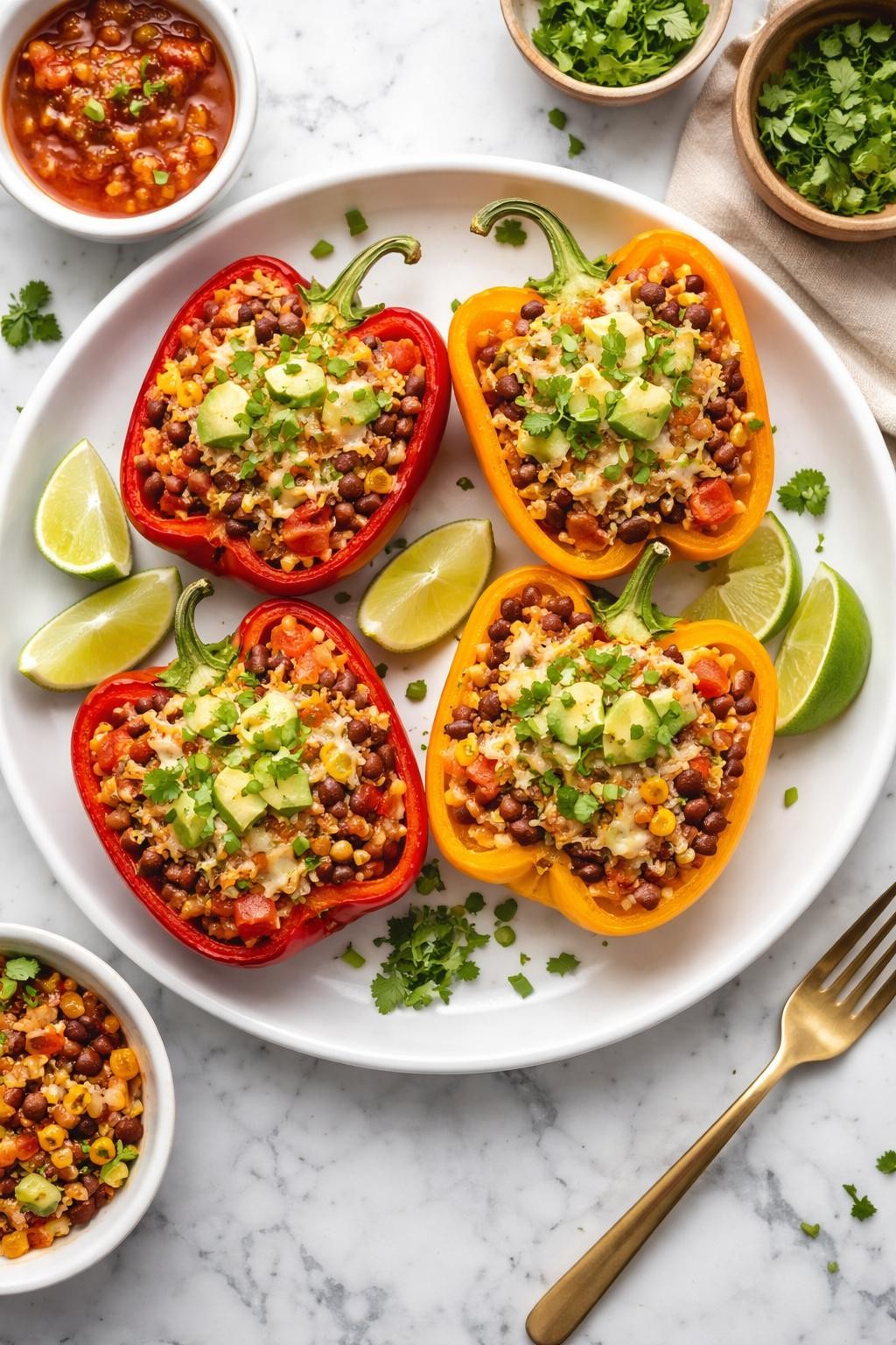 An overheard picture view of a plate of Pinto Bean Stuffed Peppers sitting on a marble countertop table in the kitchen, professional food photography style.