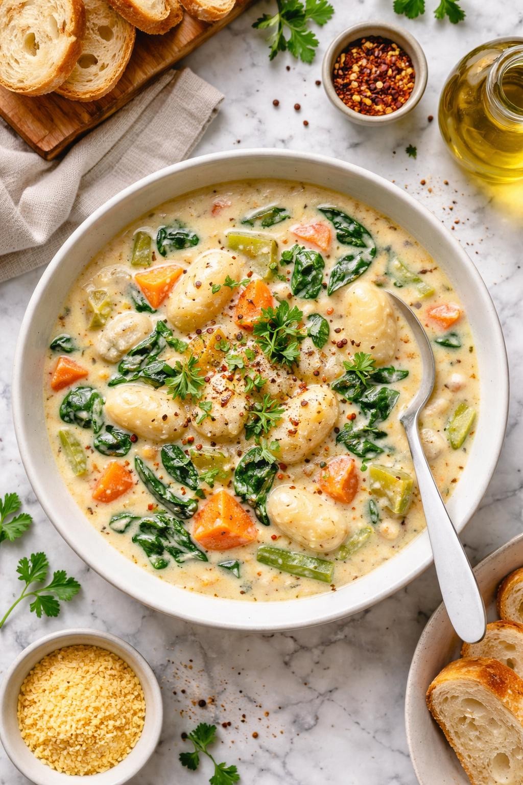 An overheard picture view of a plate of   Creamy Vegan Gnocchi Soup sitting on a marble countertop table in the kitchen, professional food photography style.
