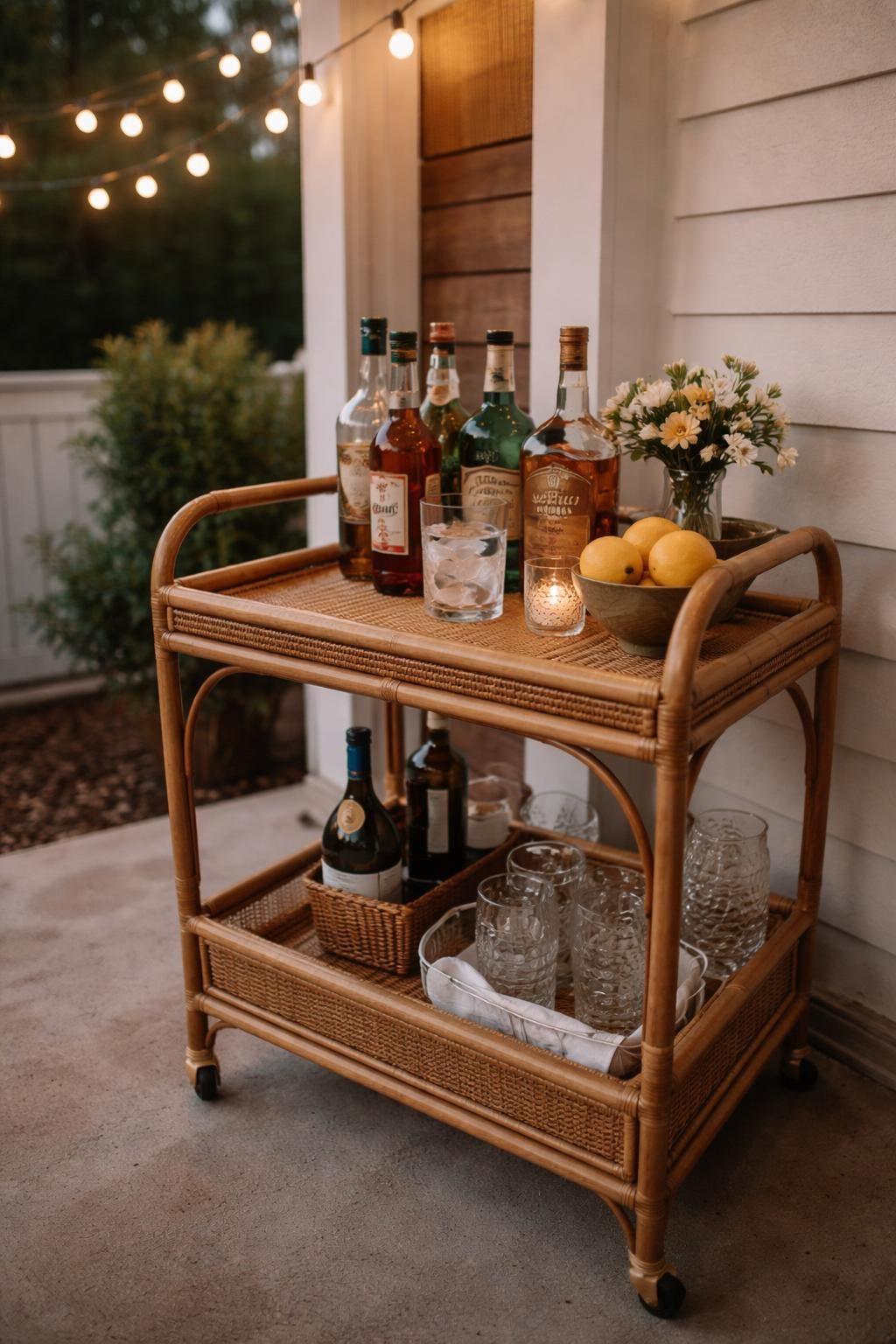 Photo of a rattan bar cart styled with bottles and glassware in a patio corner, corner angle view, setting on a covered patio with string lights, evening light, containing a half-full glass on the cart, iPhone photo quality.