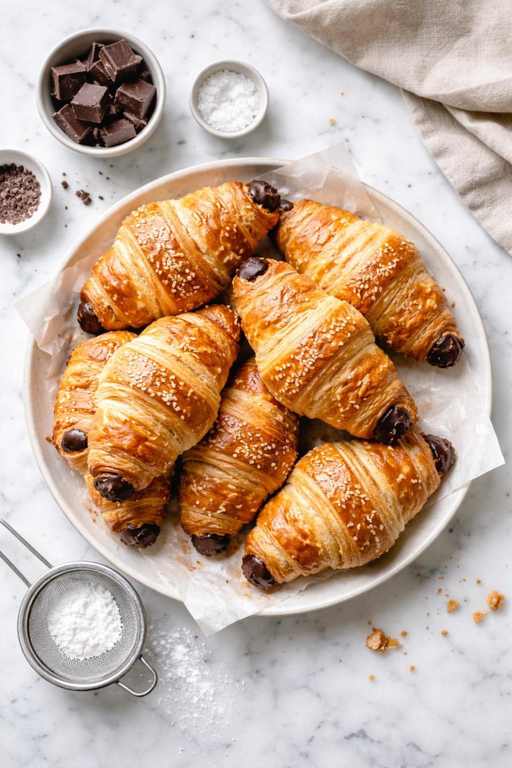 An overheard picture view of a plate of Vegan Chocolate Croissants (Pain au Chocolat) sitting on a marble countertop table in the kitchen, professional food photography style.