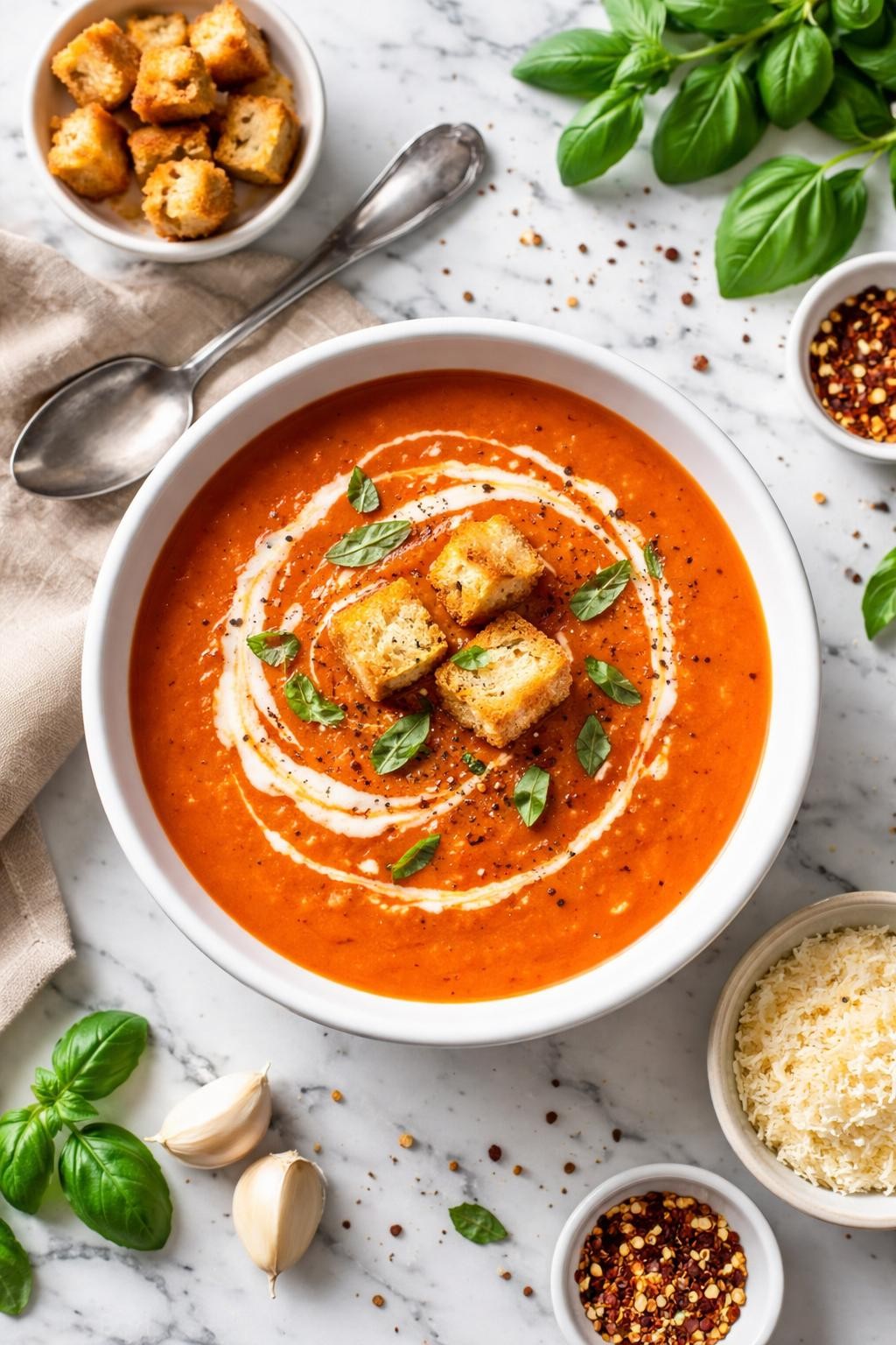 An overheard picture view of a plate of Slow Cooker Creamy Tomato Soup sitting on a marble countertop table in the kitchen, professional food photography style.