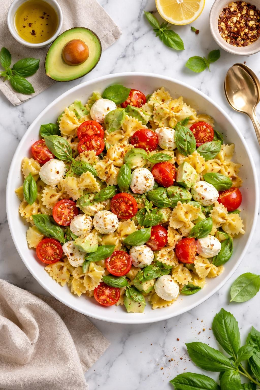 An overheard picture view of a plate of  Avocado Caprese Pasta Salad  sitting on a marble countertop table in the kitchen, professional food photography style.
