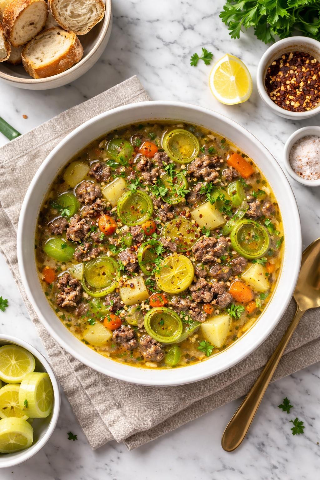 An overheard picture view of a plate of Leek Soup with Ground Beef   sitting on a marble countertop table in the kitchen, professional food photography style.
