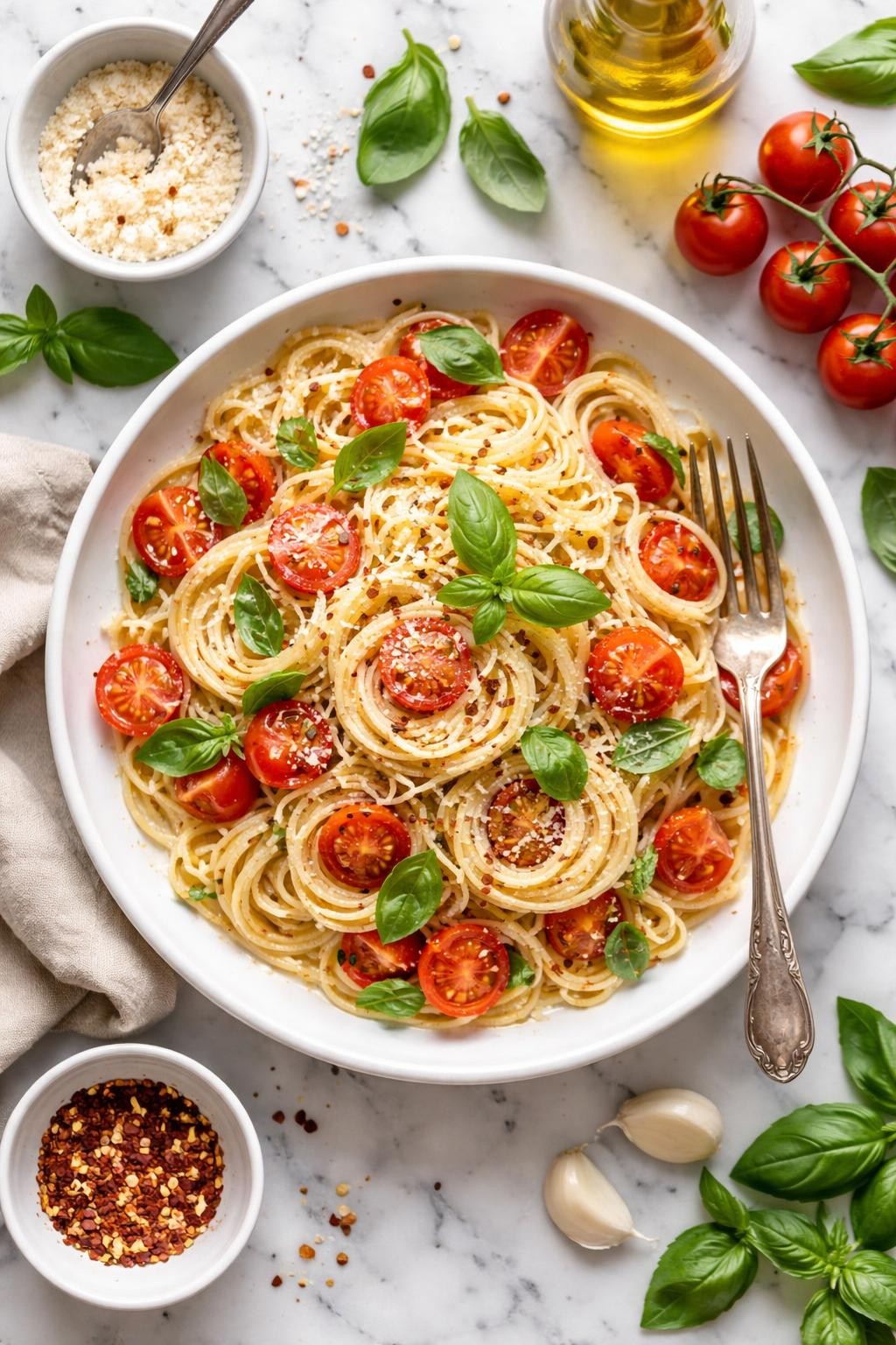 An overheard picture view of a plate of Simple Tomato Basil Pasta sitting on a marble countertop table in the kitchen, professional food photography style.