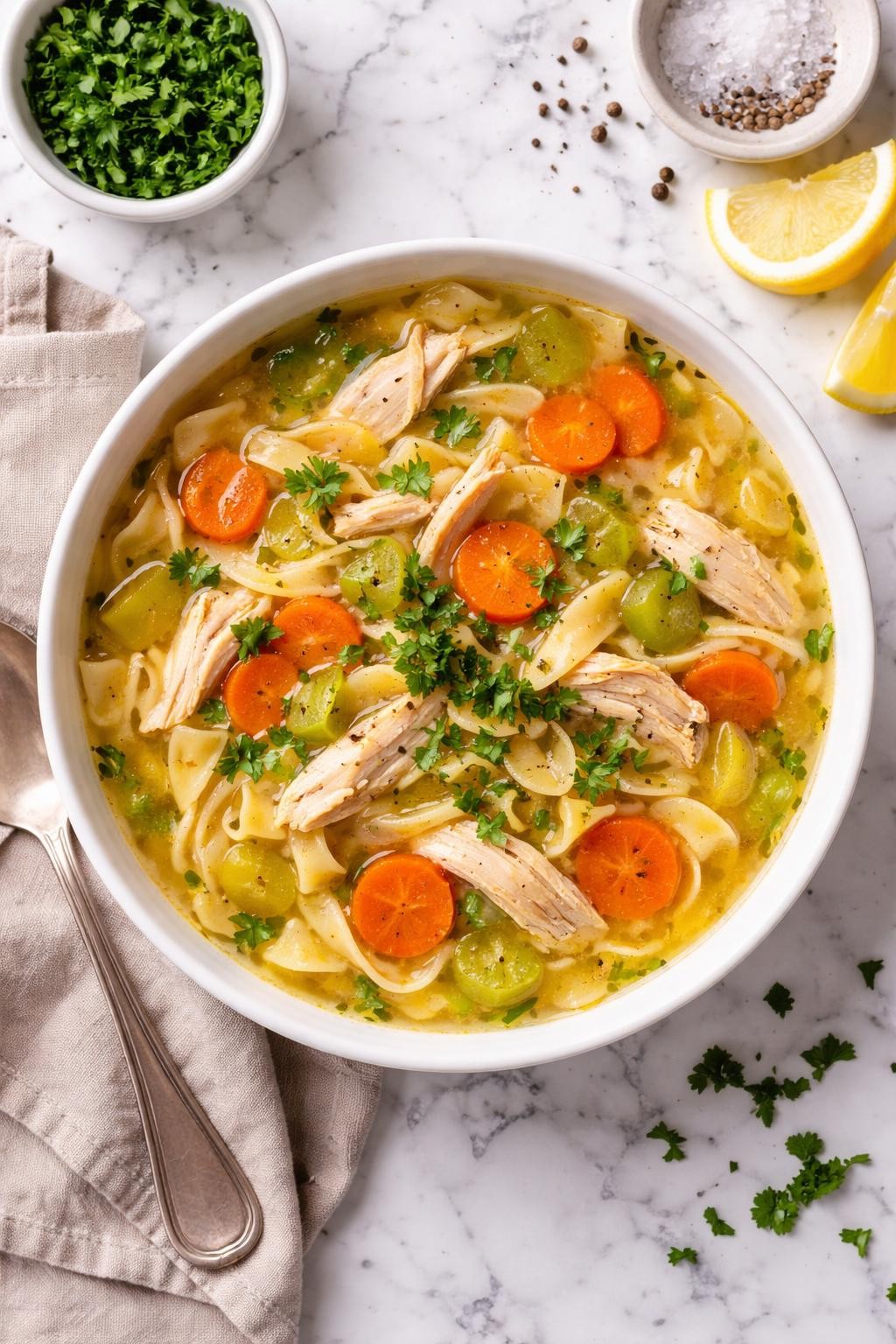 An overheard picture view of a plate of Slow Cooker Chicken Noodle Soup sitting on a marble countertop table in the kitchen, professional food photography style.