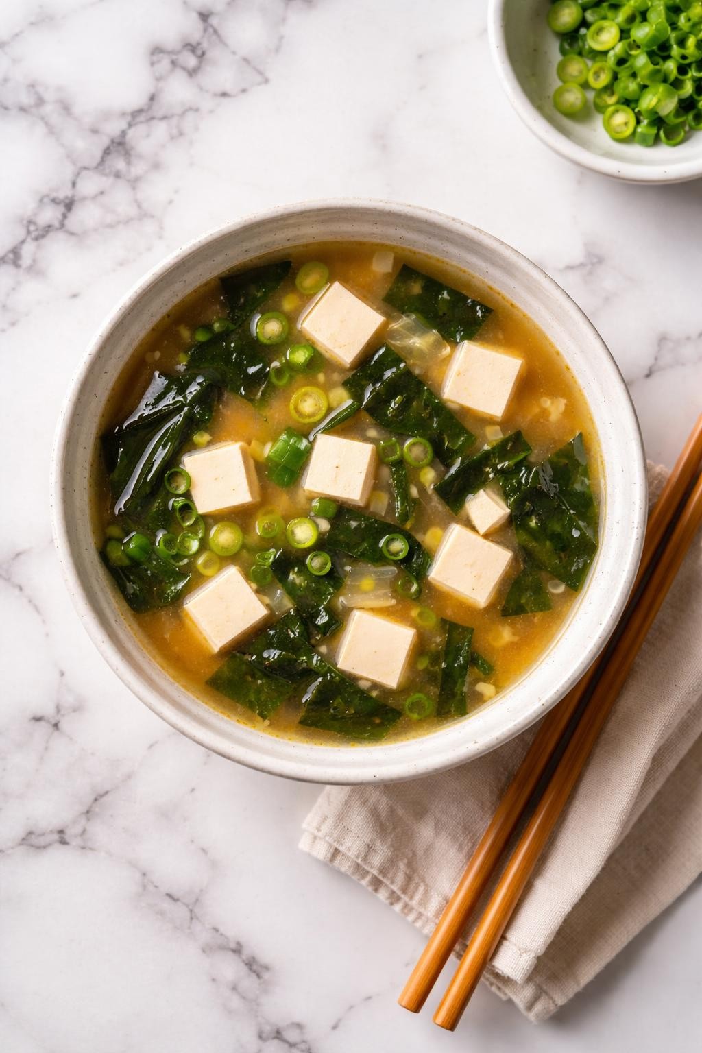 An overheard picture view of a plate of 3-Ingredient Miso Soup sitting on a marble countertop table in the kitchen, professional food photography style.
