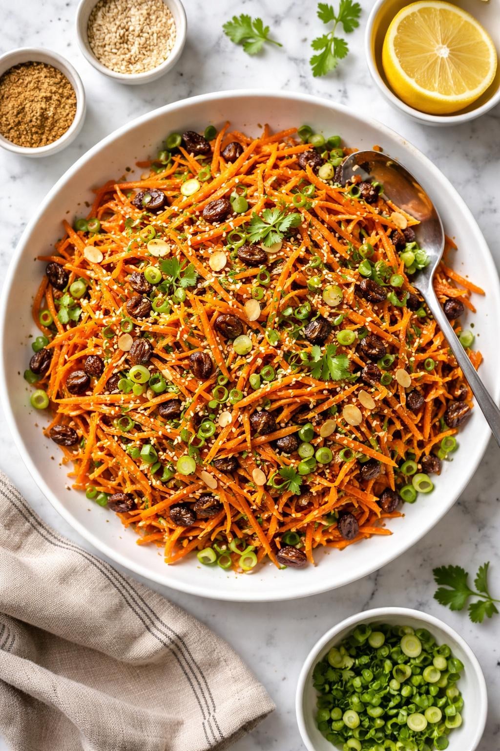 An overheard picture view of a plate of  Five-Spice Carrot Raisin Salad  sitting on a marble countertop table in the kitchen, professional food photography style.
