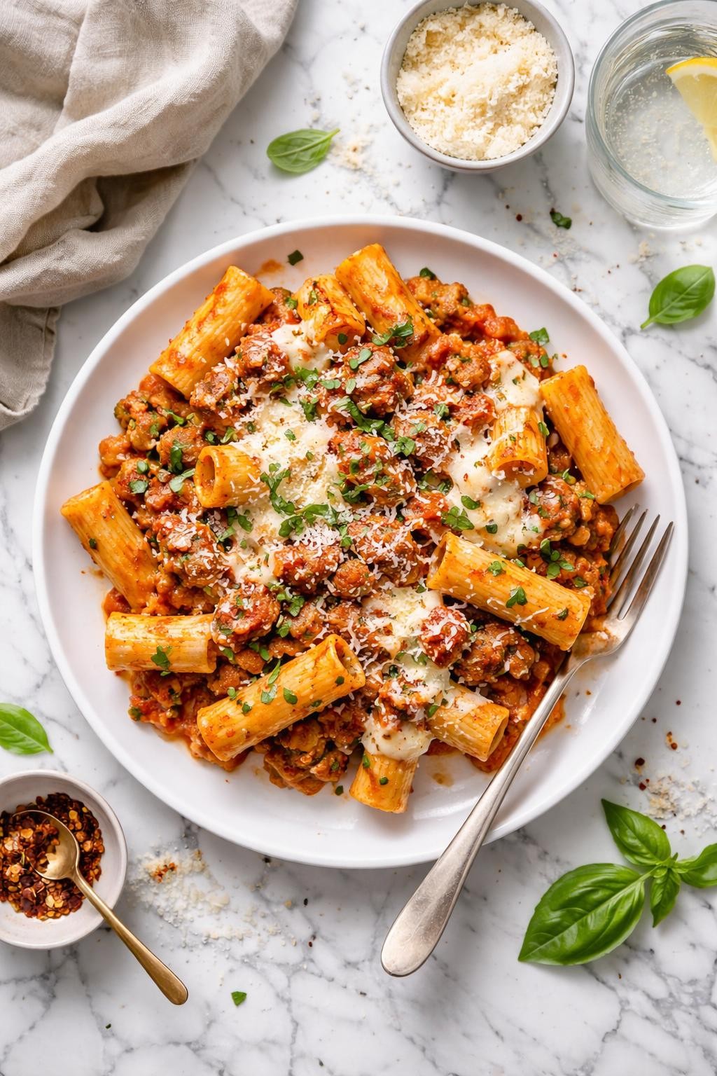 An overheard picture view of a plate of  Italian Sausage Pasta Bake  sitting on a marble countertop table in the kitchen, professional food photography style.
