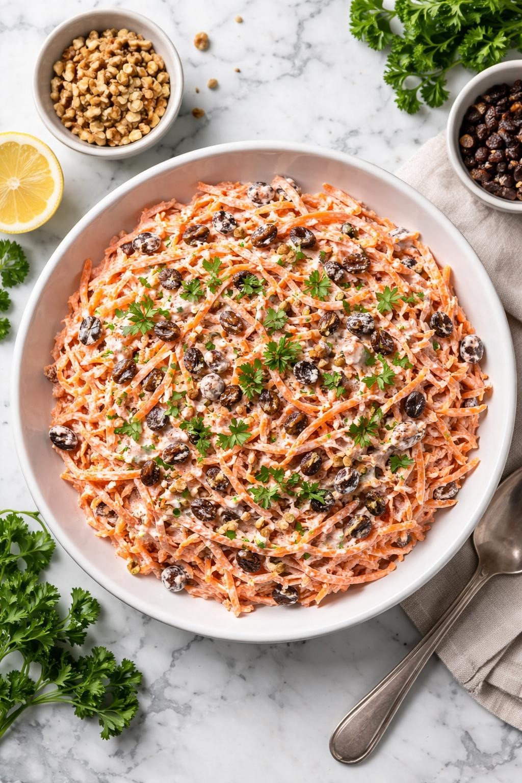 An overheard picture view of a plate of  Cream Cheese Carrot Raisin Salad  sitting on a marble countertop table in the kitchen, professional food photography style.
