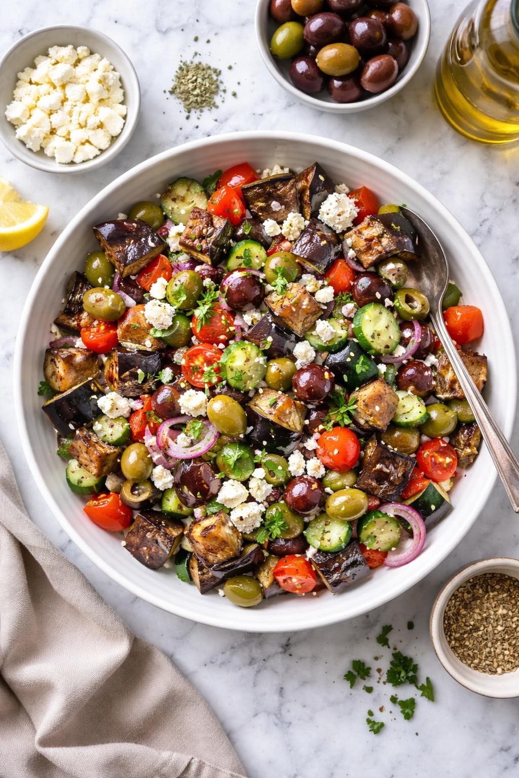 An overheard picture view of a plate of Greek Eggplant Salad with Olives and Feta sitting on a marble countertop table in the kitchen, professional food photography style.
