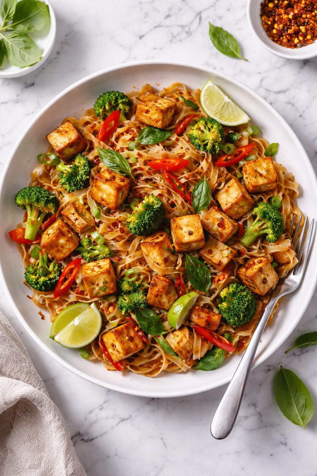 An overheard picture view of a plate of Thai Drunken Noodles with Tofu sitting on a marble countertop table in the kitchen, professional food photography style.