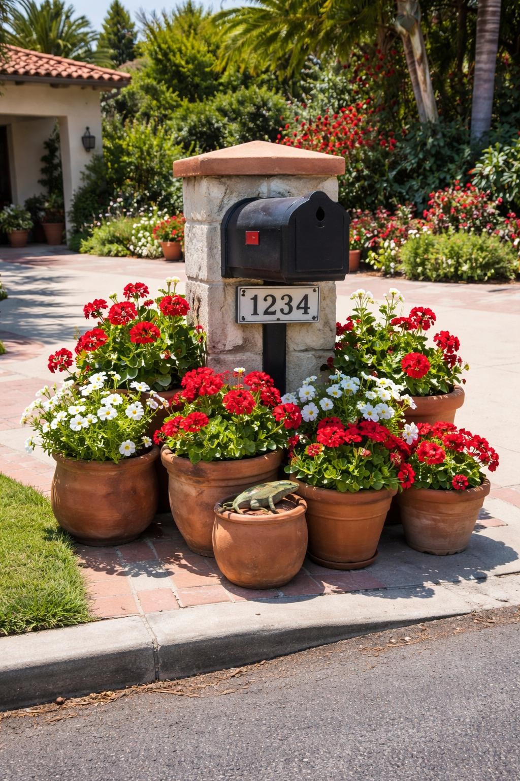 Photo of a mailbox surrounded by a cluster of terra cotta pots with red and white flowers, straight-on view from driveway, setting in a Mediterranean-style front yard, bright midday light, containing a small ceramic lizard on one pot, iPhone photo quality.